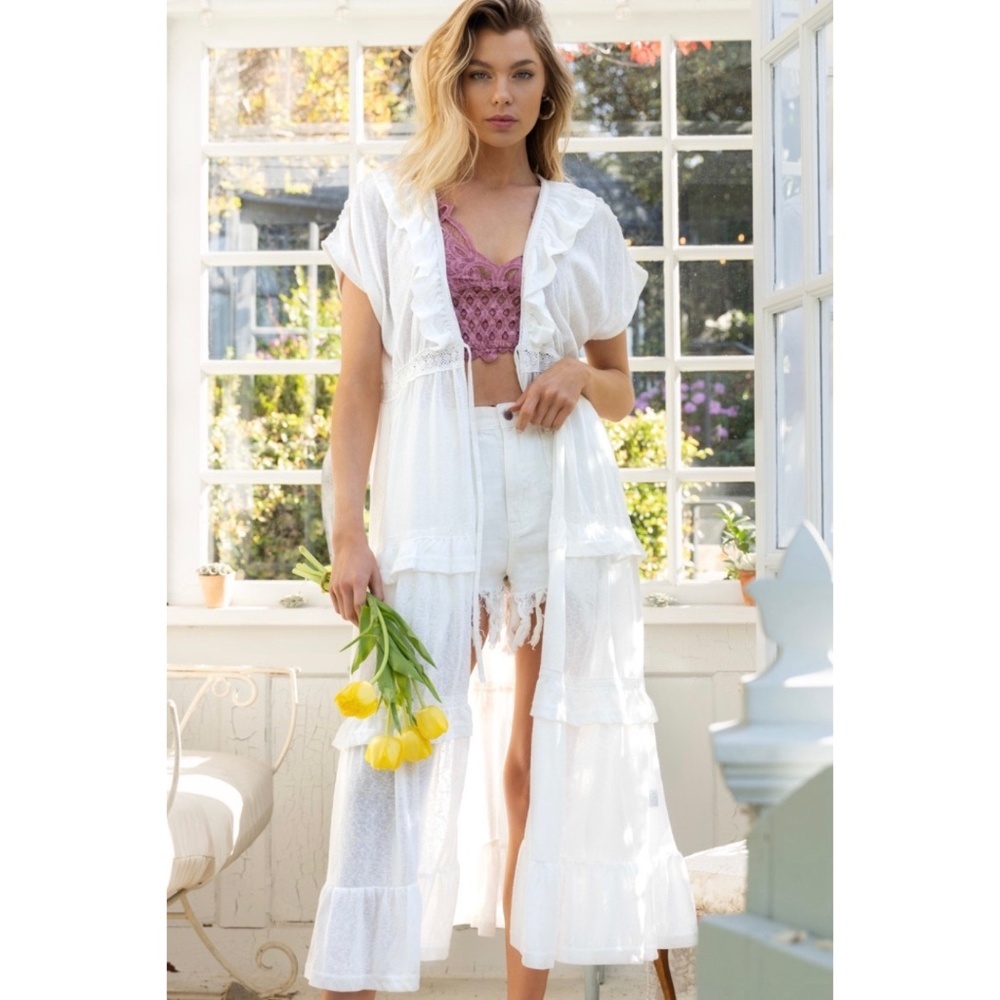 POL Ivory Ruffled Lace Patchwork Tiered Maxi Cardigan - Picture 5 of 8